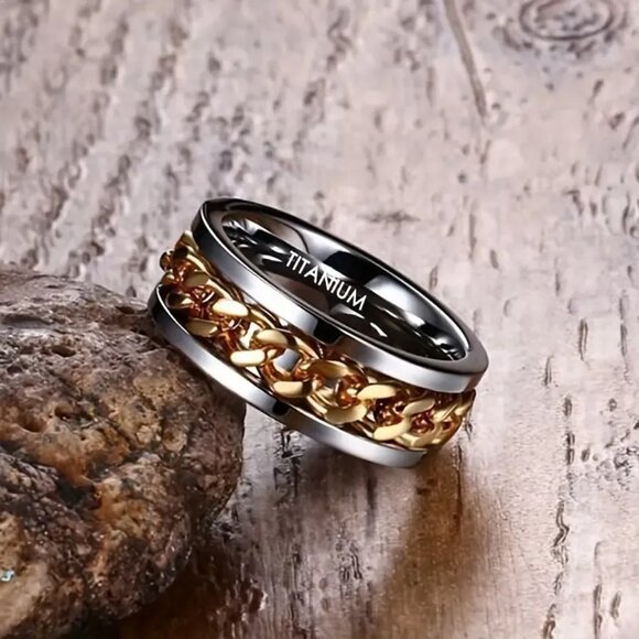 Titanium & Alloy Men's Statement Ring Silver with Gold Spinner Chain Band - Picture 3 of 5